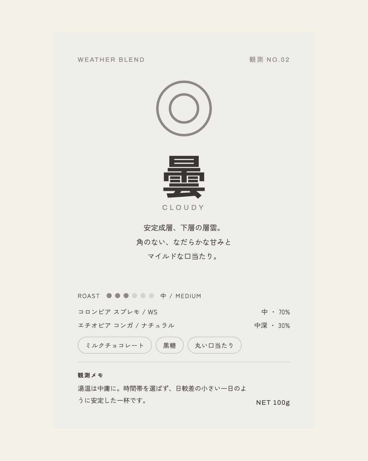 観測 No.02「曇」のコーヒー豆パッケージ