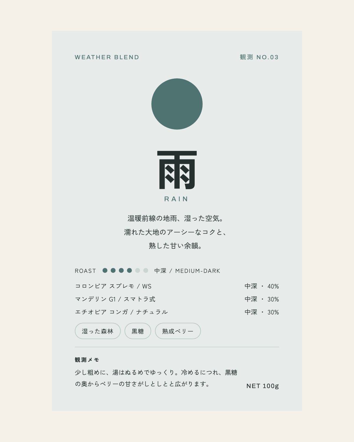 観測 No.03「雨」のコーヒー豆パッケージ